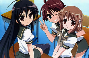 three female anime character wearing uniforms poster